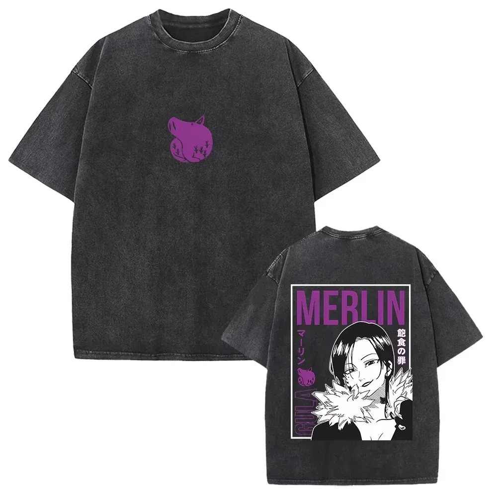 Japanese Anime The Seven Deadly Sins Escanor Graphic Print Vintage Washed T-Shirt, Unisex Retro Loose Harajuku Y2K Cotton Summer