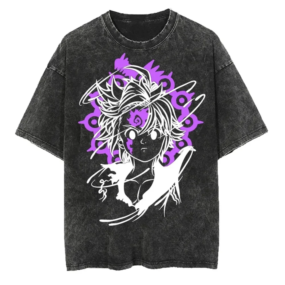 Japanese Anime The Seven Deadly Sins Escanor Graphic Print Vintage Washed T-Shirt, Unisex Retro Loose Harajuku Y2K Cotton Summer