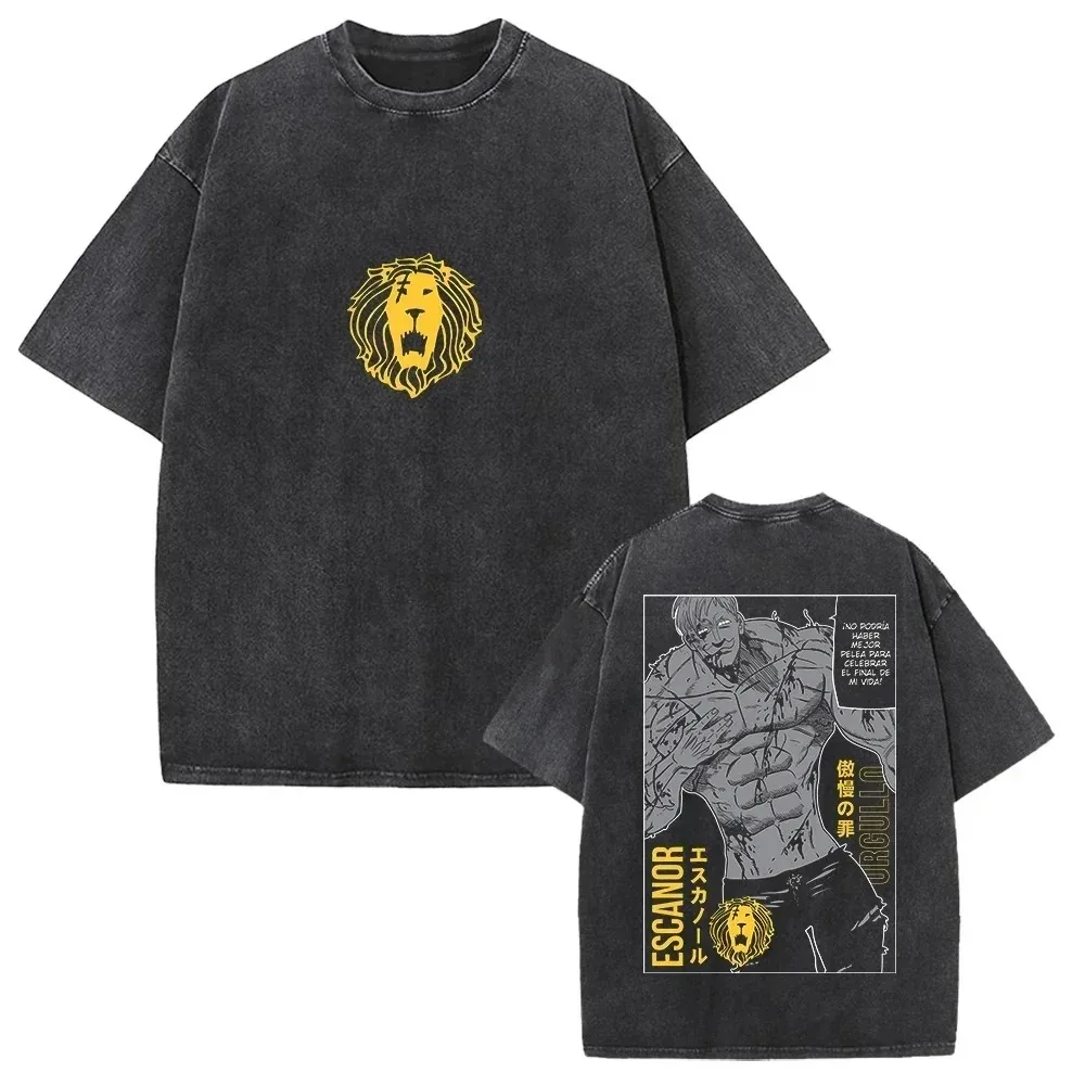 Japanese Anime The Seven Deadly Sins Escanor Graphic Print Vintage Washed T-Shirt, Unisex Retro Loose Harajuku Y2K Cotton Summer