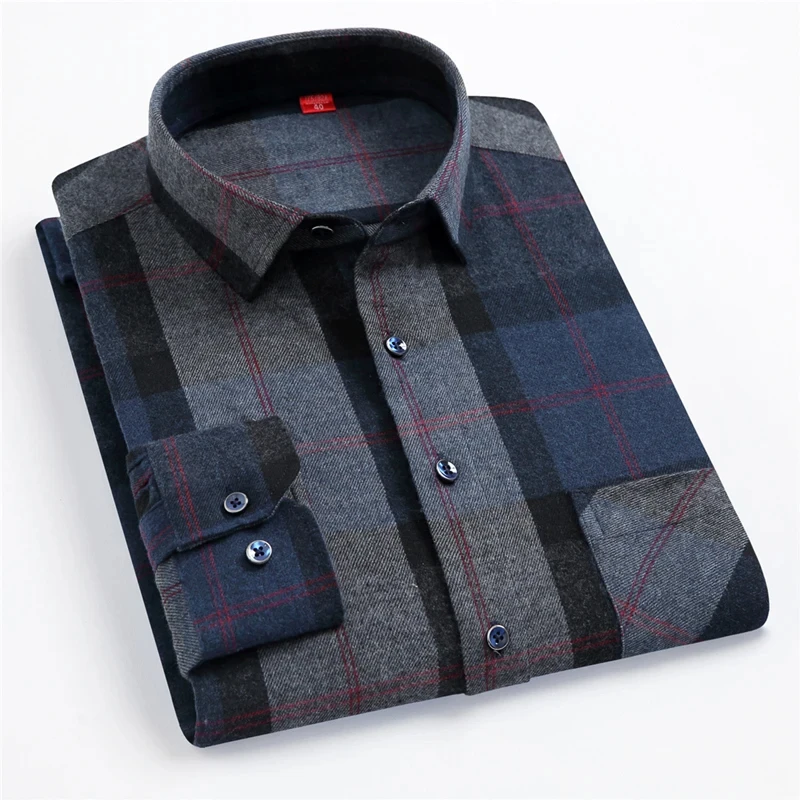 Pure Cotton Men's Plaid Shirt Long Sleeve Regular Fit Men Casual Oversized Shirt Leisure Autumn Male Blouse New Plus Size