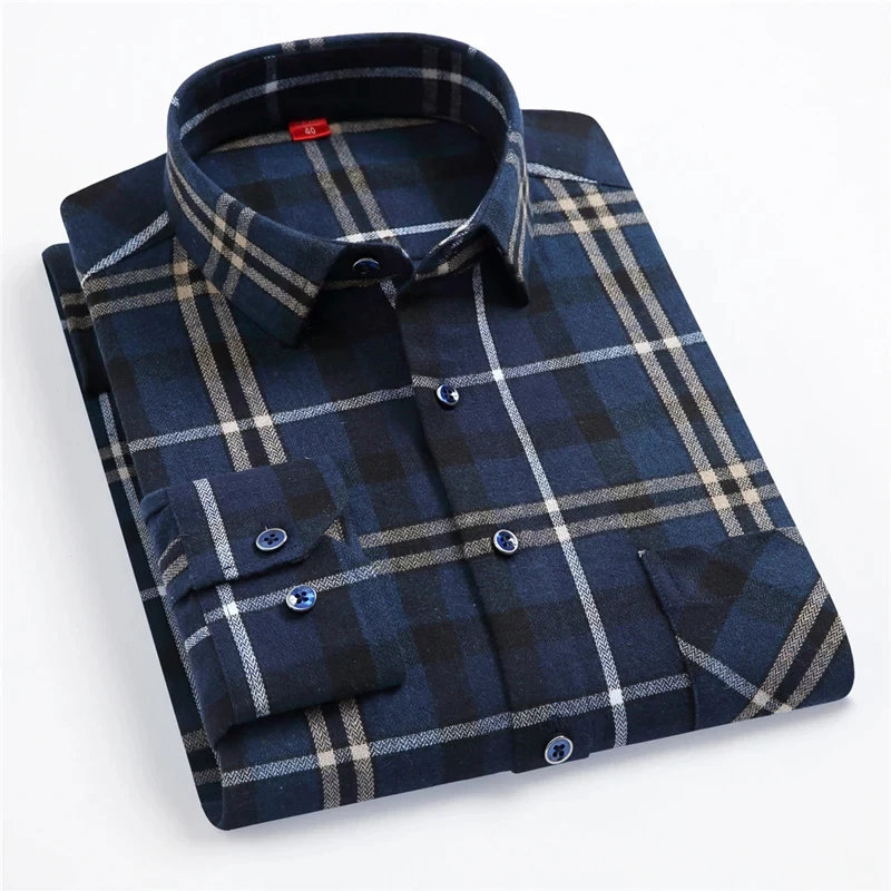 Pure Cotton Men's Plaid Shirt Long Sleeve Regular Fit Men Casual Oversized Shirt Leisure Autumn Male Blouse New Plus Size