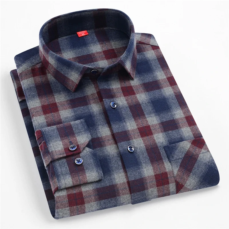 Pure Cotton Men's Plaid Shirt Long Sleeve Regular Fit Men Casual Oversized Shirt Leisure Autumn Male Blouse New Plus Size
