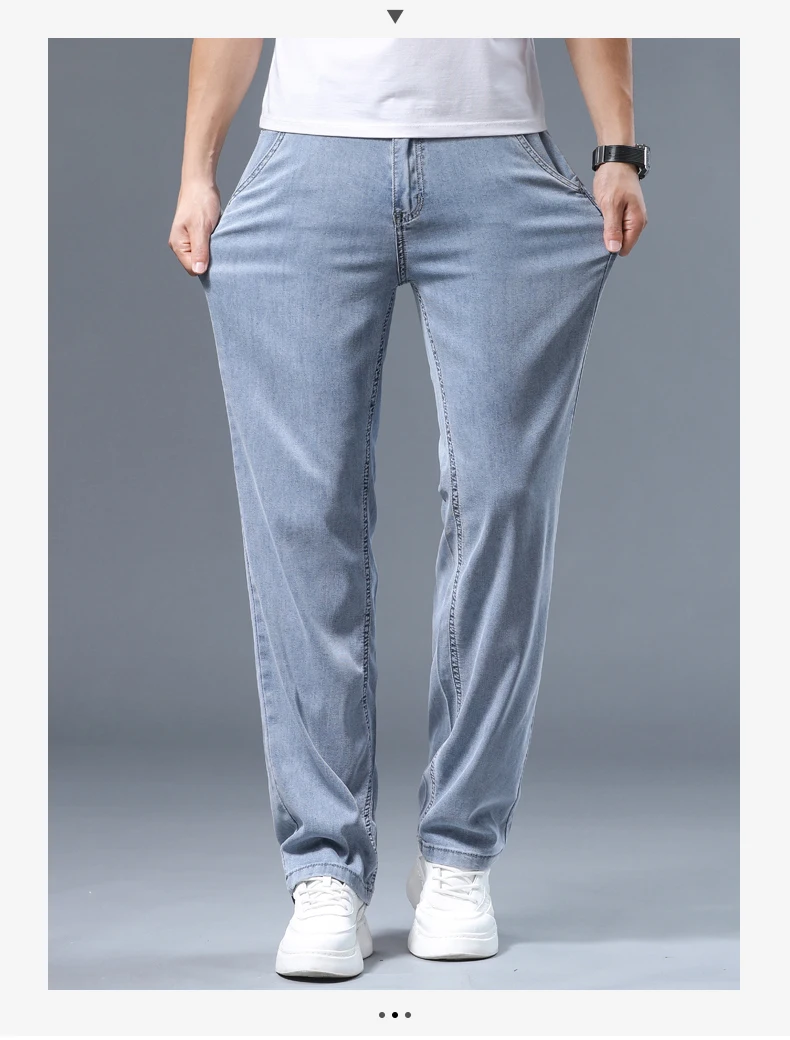 Summer Ultra-thin Men's Jeans Lyocell Soft Breathable Loose Straight Light Blue Denim Pants Business Casual Ice Silk Trousers