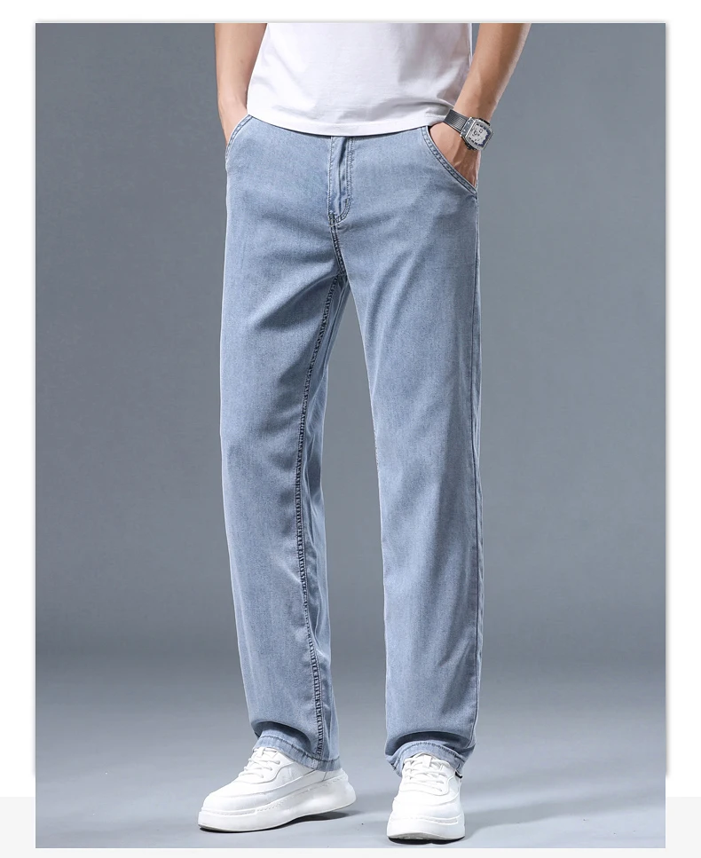 Summer Ultra-thin Men's Jeans Lyocell Soft Breathable Loose Straight Light Blue Denim Pants Business Casual Ice Silk Trousers