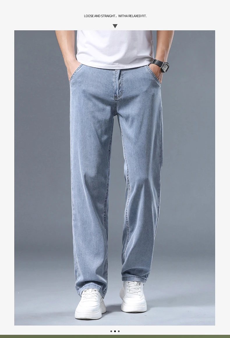 Summer Ultra-thin Men's Jeans Lyocell Soft Breathable Loose Straight Light Blue Denim Pants Business Casual Ice Silk Trousers