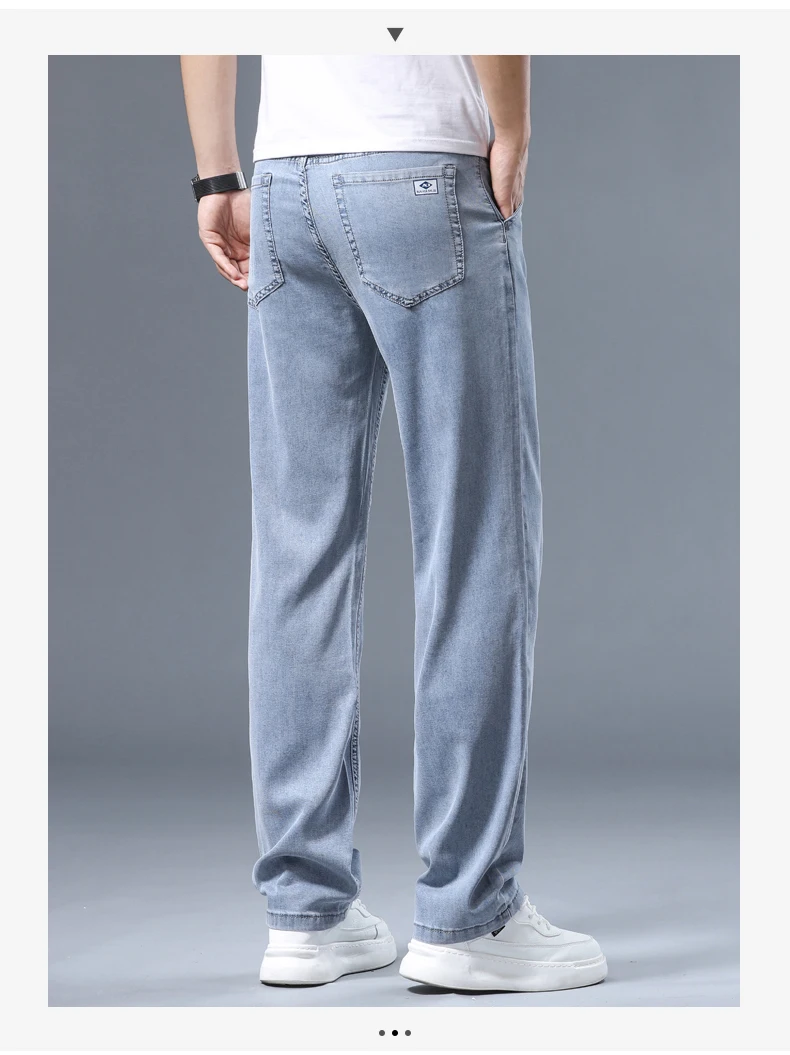 Summer Ultra-thin Men's Jeans Lyocell Soft Breathable Loose Straight Light Blue Denim Pants Business Casual Ice Silk Trousers