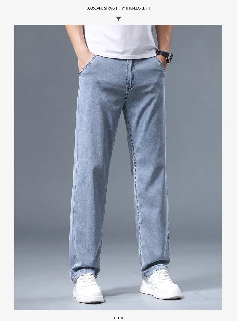 Summer Ultra-thin Men's Jeans Lyocell Soft Breathable Loose Straight Light Blue Denim Pants Business Casual Ice Silk Trousers
