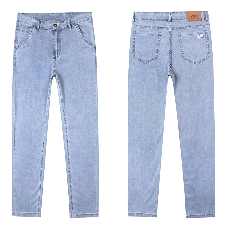 Summer Ultra-thin Men's Jeans Lyocell Soft Breathable Loose Straight Light Blue Denim Pants Business Casual Ice Silk Trousers