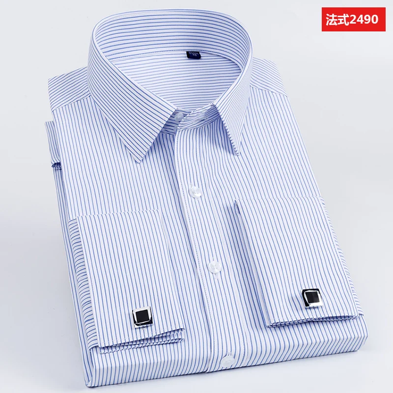 Men's French Cufflinks Shirt, Men's Slim Fit Long Sleeved Business Sleeve Nail Free Business Formal Men's Solid Color Shirt