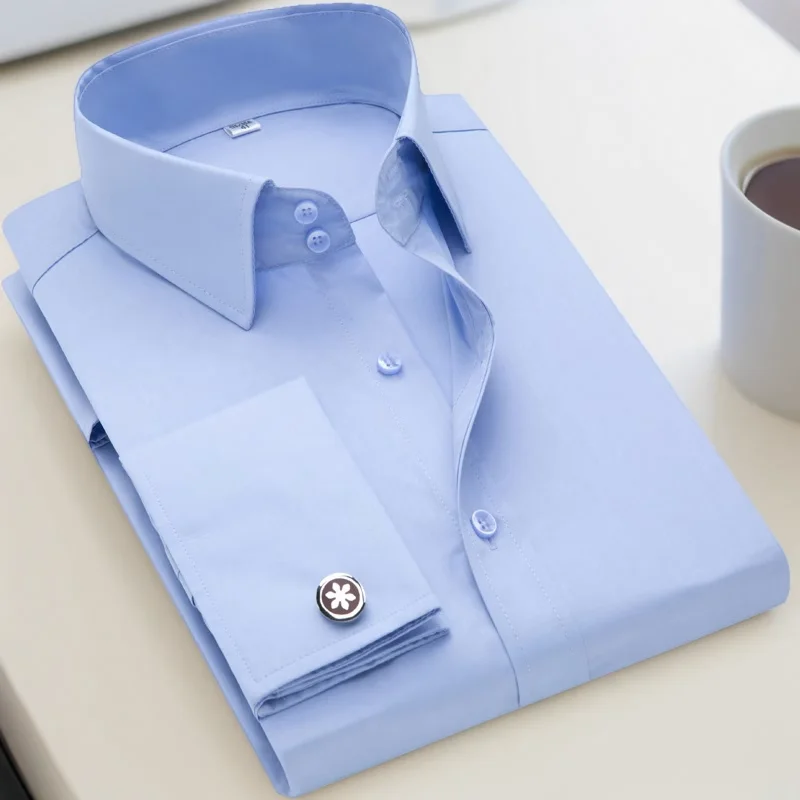 Men's French Cufflinks Shirt, Men's Slim Fit Long Sleeved Business Sleeve Nail Free Business Formal Men's Solid Color Shirt