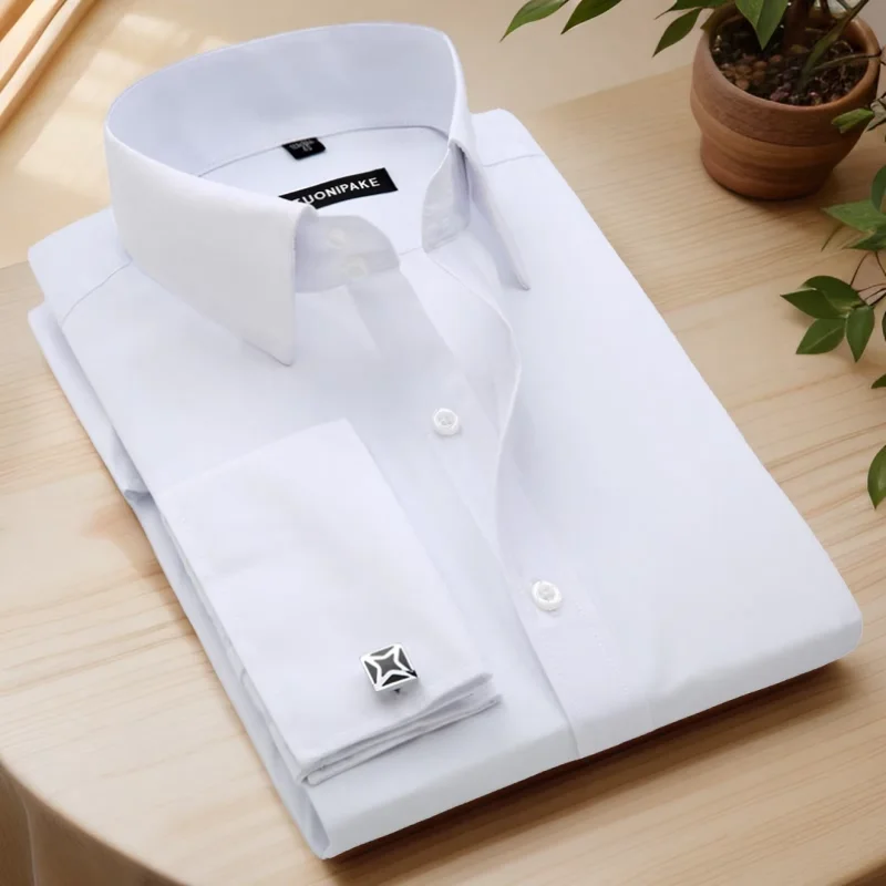 Men's French Cufflinks Shirt, Men's Slim Fit Long Sleeved Business Sleeve Nail Free Business Formal Men's Solid Color Shirt