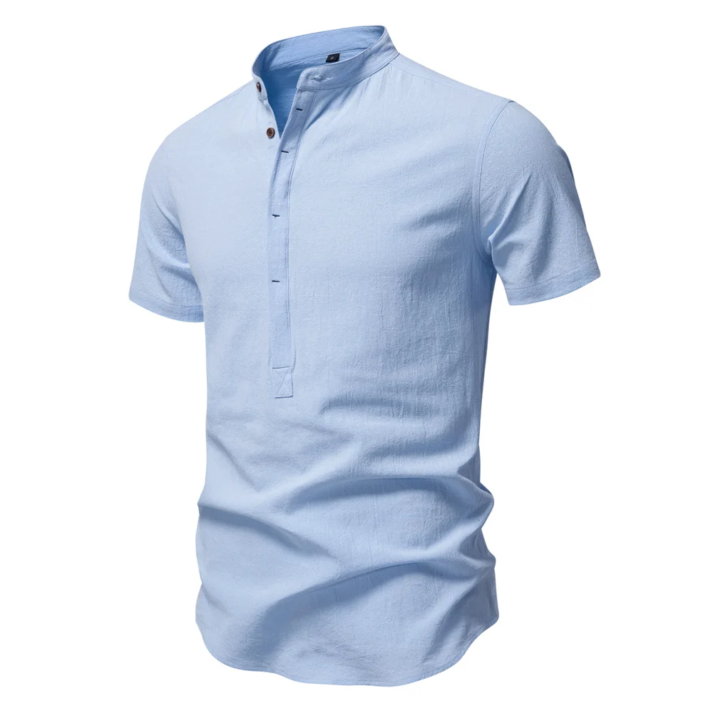 AIOPESON Mens Short Sleeve Solid Color Linen Shirt Turn Down Collar Casual Summer Breathable Comfort Shirt