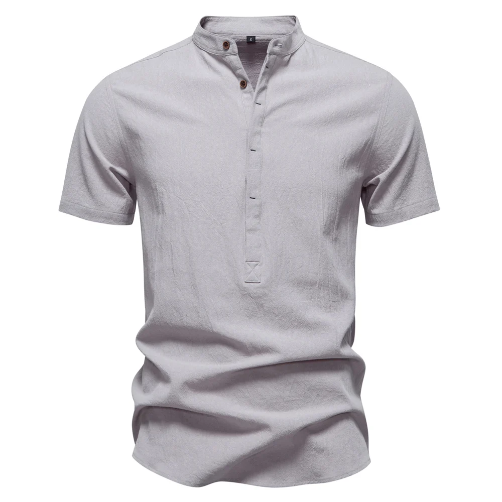 AIOPESON Mens Short Sleeve Solid Color Linen Shirt Turn Down Collar Casual Summer Breathable Comfort Shirt