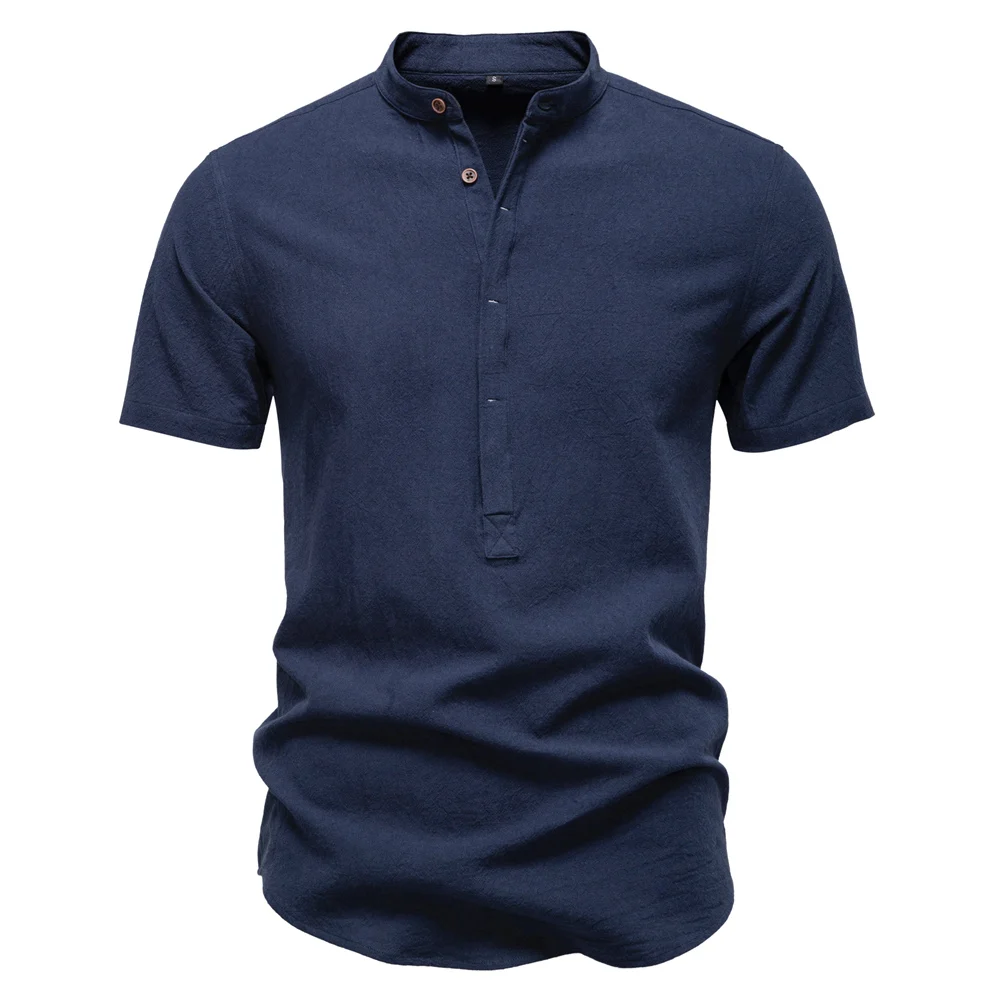 AIOPESON Mens Short Sleeve Solid Color Linen Shirt Turn Down Collar Casual Summer Breathable Comfort Shirt