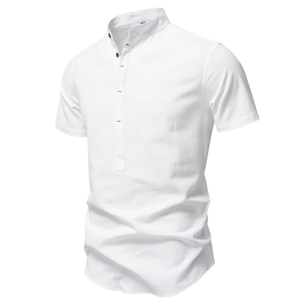 AIOPESON Mens Short Sleeve Solid Color Linen Shirt Turn Down Collar Casual Summer Breathable Comfort Shirt