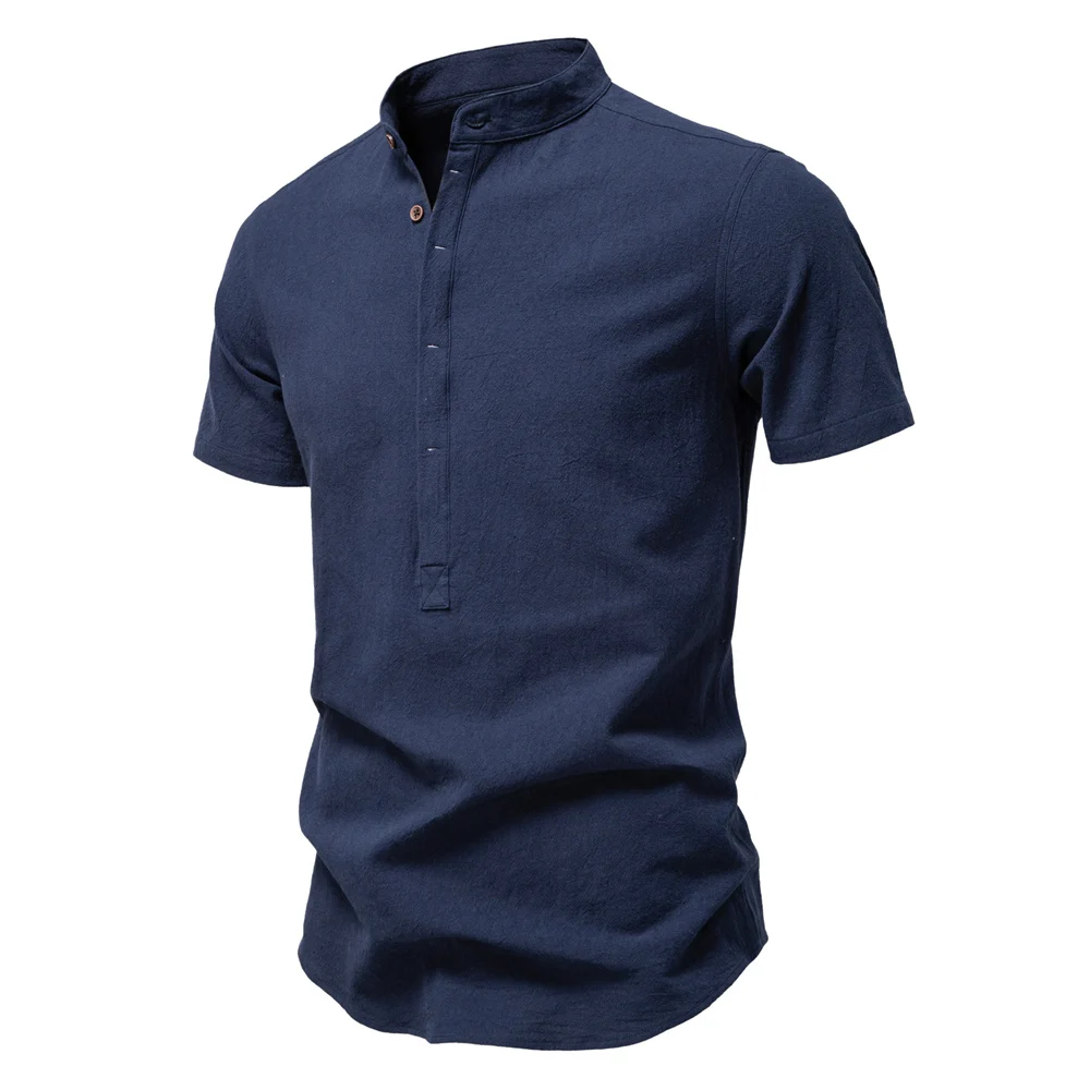 AIOPESON Mens Short Sleeve Solid Color Linen Shirt Turn Down Collar Casual Summer Breathable Comfort Shirt