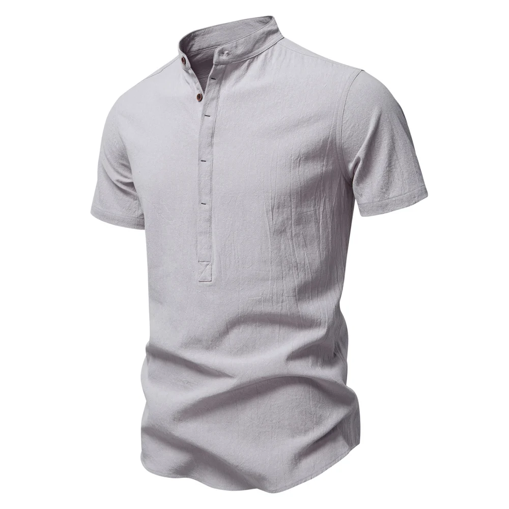 AIOPESON Mens Short Sleeve Solid Color Linen Shirt Turn Down Collar Casual Summer Breathable Comfort Shirt