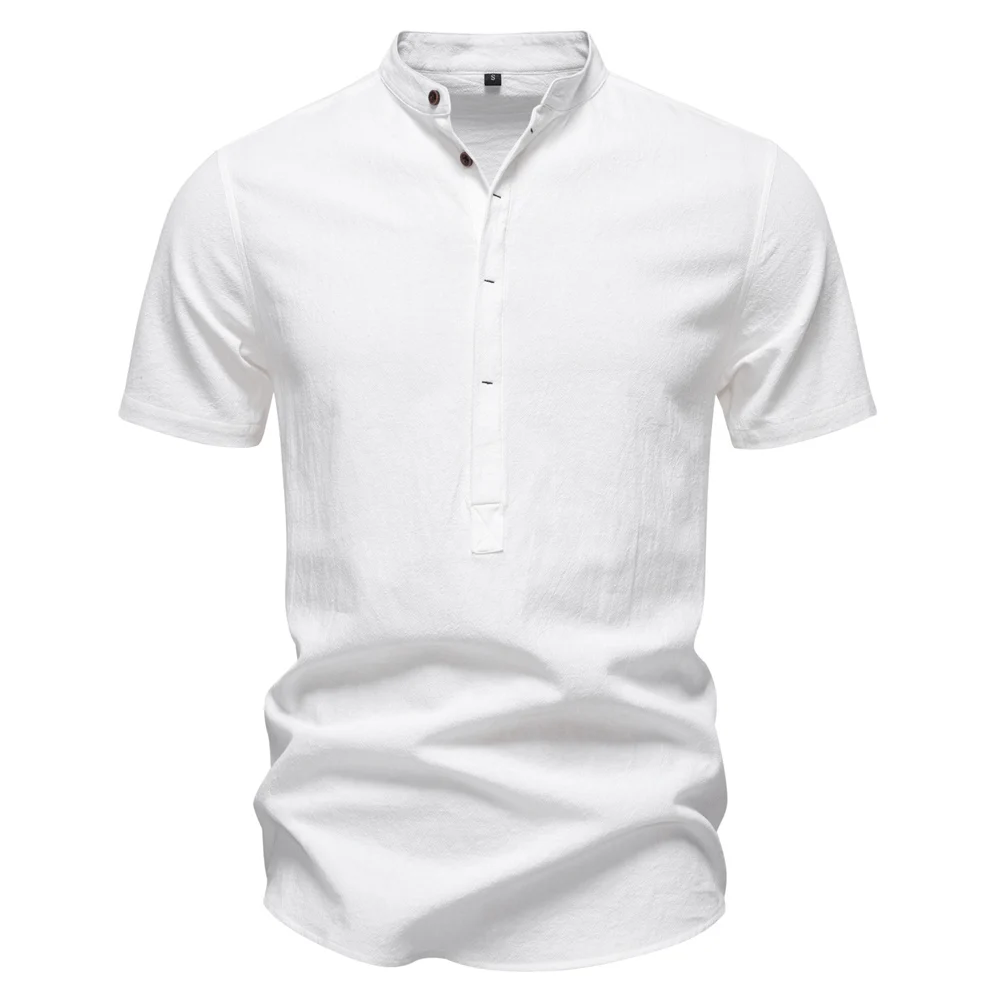 AIOPESON Mens Short Sleeve Solid Color Linen Shirt Turn Down Collar Casual Summer Breathable Comfort Shirt