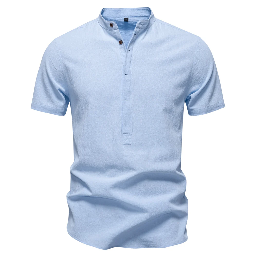 AIOPESON Mens Short Sleeve Solid Color Linen Shirt Turn Down Collar Casual Summer Breathable Comfort Shirt
