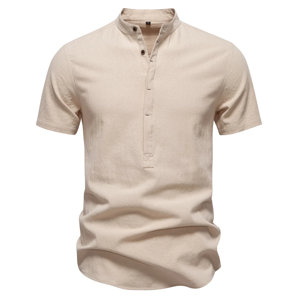 AIOPESON Mens Short Sleeve Solid Color Linen Shirt Turn Down Collar Casual Summer Breathable Comfort Shirt