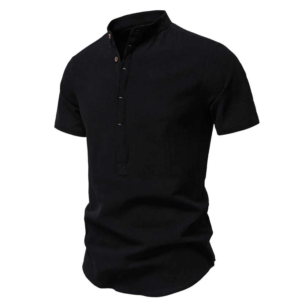 AIOPESON Mens Short Sleeve Solid Color Linen Shirt Turn Down Collar Casual Summer Breathable Comfort Shirt