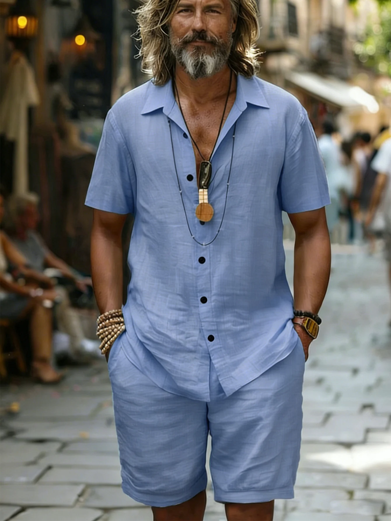 Men's Cotton100 Shirt & Shorts Set Short Sleeve Light Blue Loose Fit Casual Summer Beach Vacation Daily Two-Piece Outfit