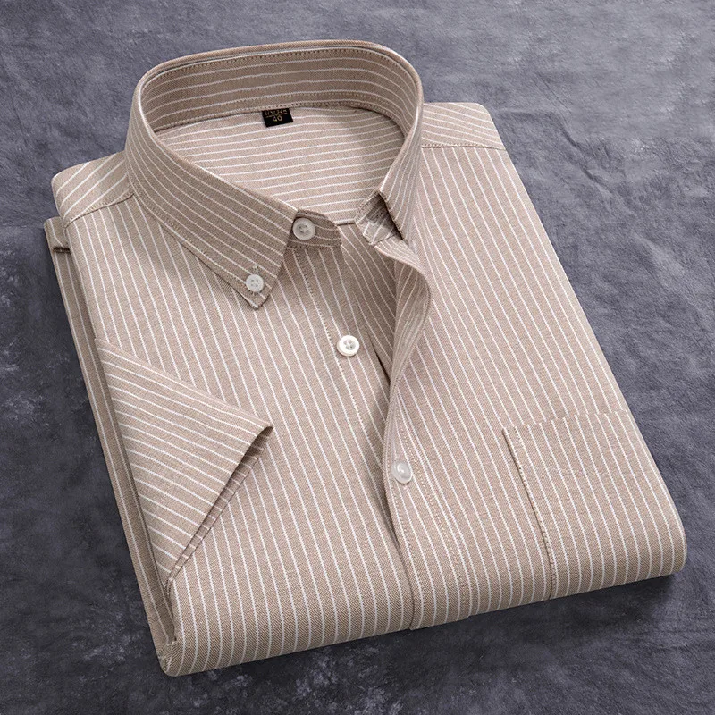 100% Cotton Men's Oxford Shirt Summer Short Sleeve Stylish Loose Stripe Solid Color Fit Dress Formal White Shirt Plus Size 5XL 