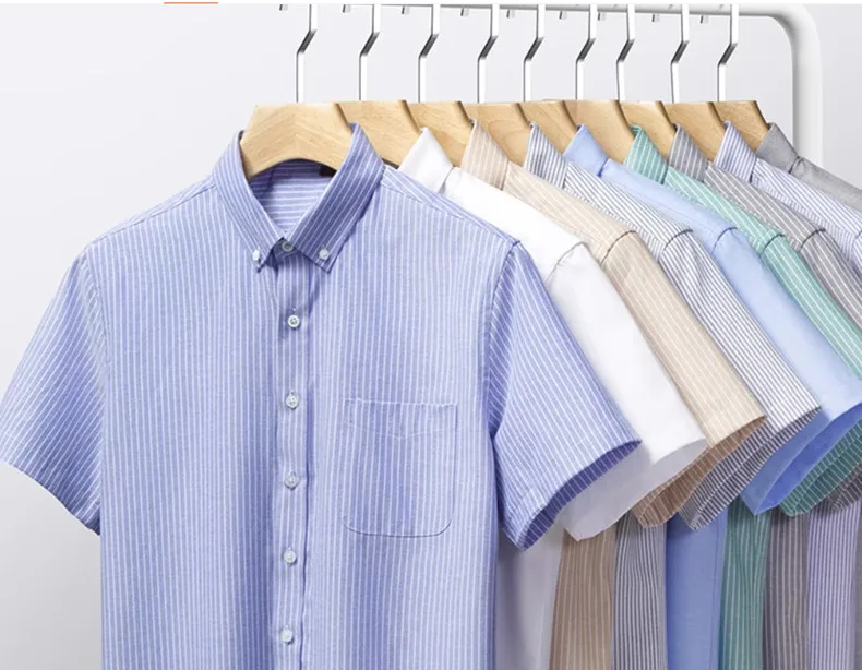 100% Cotton Men's Oxford Shirt Summer Short Sleeve Stylish Loose Stripe Solid Color Fit Dress Formal White Shirt Plus Size 5XL 