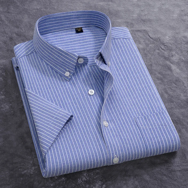 100% Cotton Men's Oxford Shirt Summer Short Sleeve Stylish Loose Stripe Solid Color Fit Dress Formal White Shirt Plus Size 5XL 