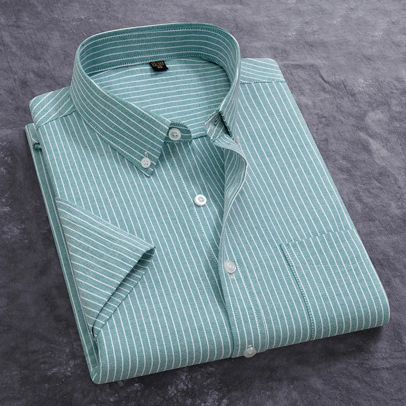 100% Cotton Men's Oxford Shirt Summer Short Sleeve Stylish Loose Stripe Solid Color Fit Dress Formal White Shirt Plus Size 5XL 