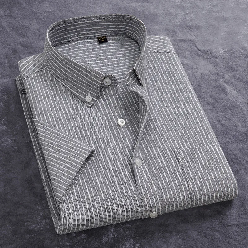 100% Cotton Men's Oxford Shirt Summer Short Sleeve Stylish Loose Stripe Solid Color Fit Dress Formal White Shirt Plus Size 5XL 