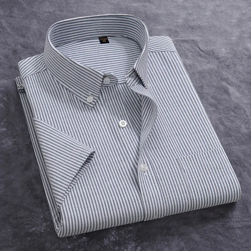 100% Cotton Men's Oxford Shirt Summer Short Sleeve Stylish Loose Stripe Solid Color Fit Dress Formal White Shirt Plus Size 5XL 