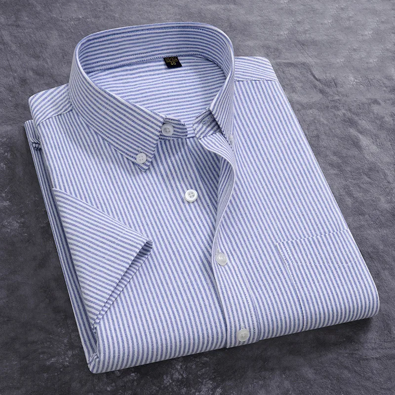 100% Cotton Men's Oxford Shirt Summer Short Sleeve Stylish Loose Stripe Solid Color Fit Dress Formal White Shirt Plus Size 5XL 