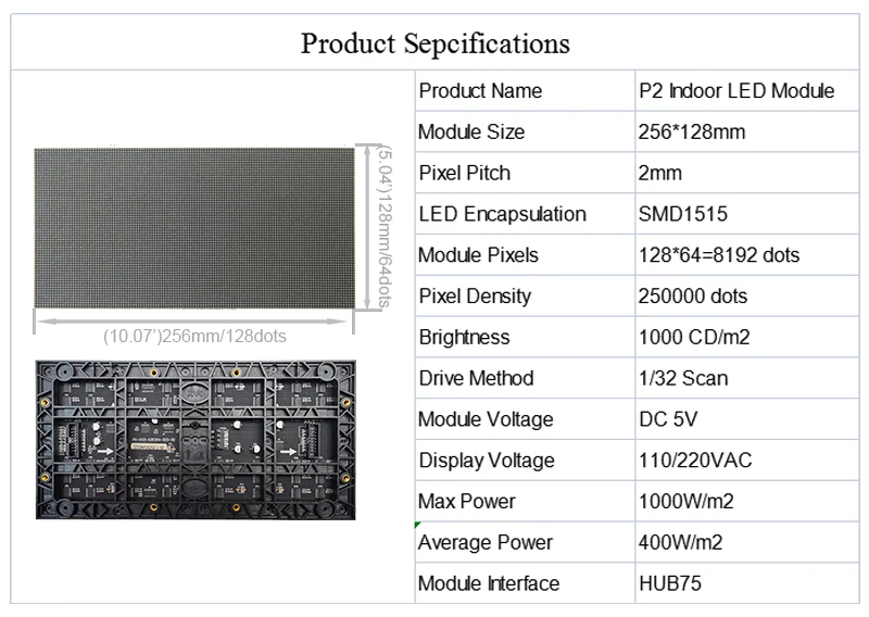 High Resolution P2 256*128mm SMD1515 128x64 Pixel RGB Full Color Indoor LED Panel Matrix LED Advertising TV Display Screen