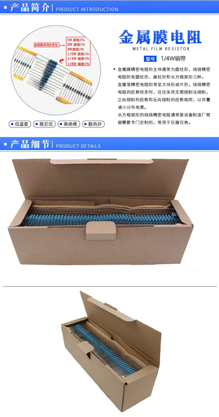 100pcs 1/4W Metal Film Resistor 1.8 2 2.2 18 20 22 180 200 220 R Ohm K M 1% 0.25W Five-color Ring Resistance 1R8 2R 2R2 18R 20R