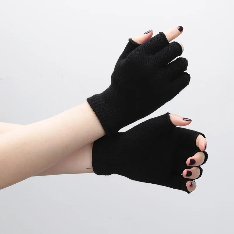 1pair Black Short Half Finger Fingerless Knit Wrist Glove Winter Warm Stretch Work Gloves for Women and Men Cycling Accessories