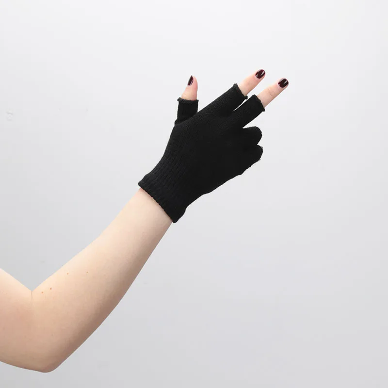 1pair Black Short Half Finger Fingerless Knit Wrist Glove Winter Warm Stretch Work Gloves for Women and Men Cycling Accessories
