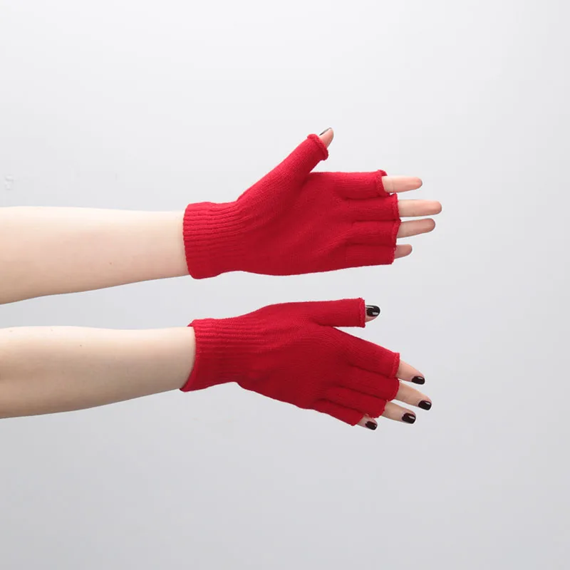 1pair Black Short Half Finger Fingerless Knit Wrist Glove Winter Warm Stretch Work Gloves for Women and Men Cycling Accessories