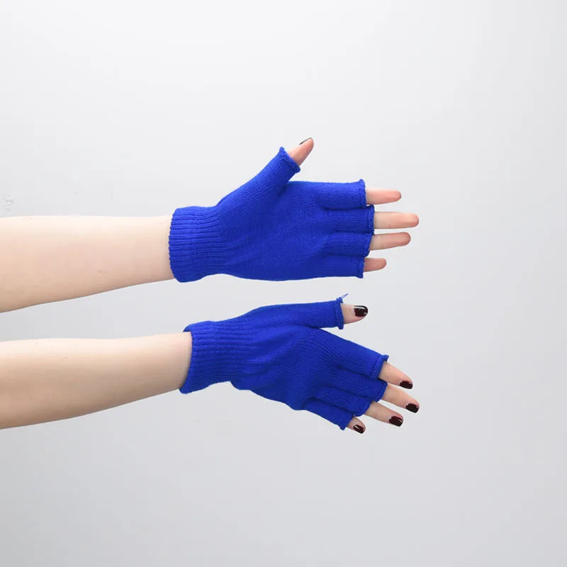 1pair Black Short Half Finger Fingerless Knit Wrist Glove Winter Warm Stretch Work Gloves for Women and Men Cycling Accessories