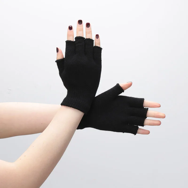1pair Black Short Half Finger Fingerless Knit Wrist Glove Winter Warm Stretch Work Gloves for Women and Men Cycling Accessories