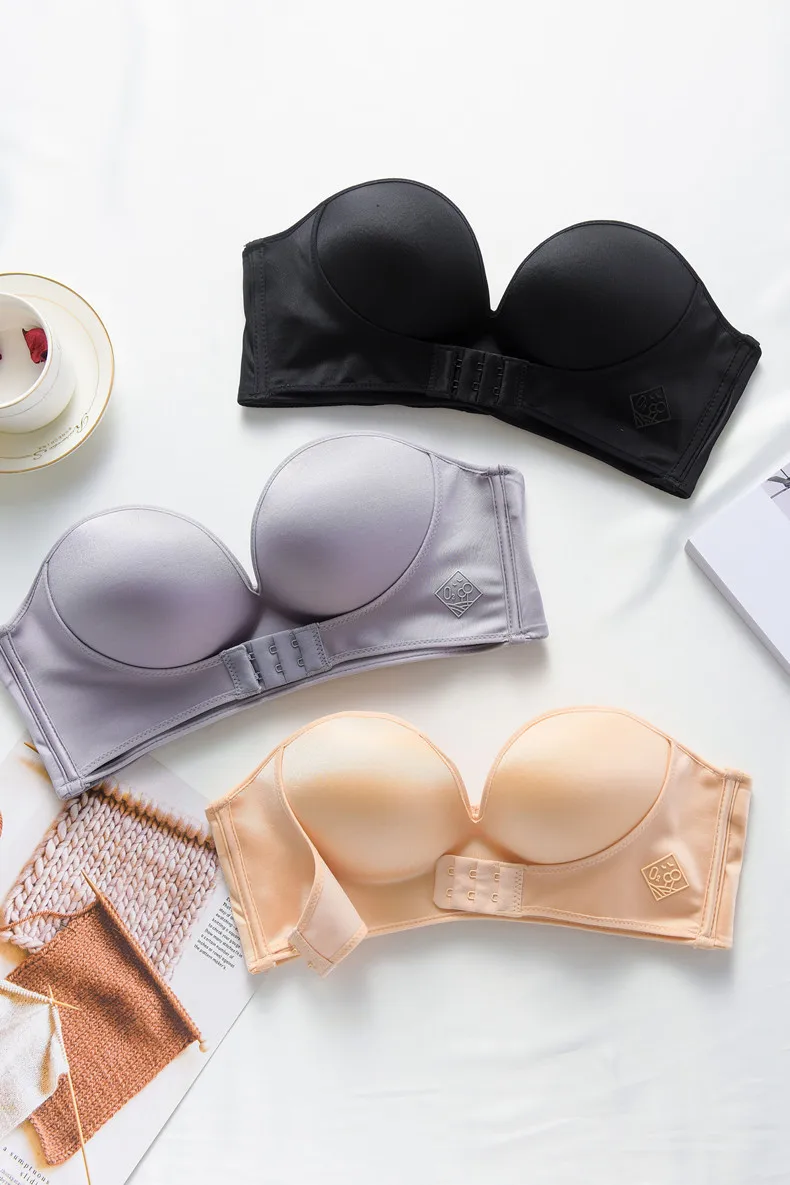 1/2 Cup Push Up Bra Front and Behind Buckle Underwear Women Sexy Deep V Strapless Stealth Brassiere Wire Free Thicken Lingerie