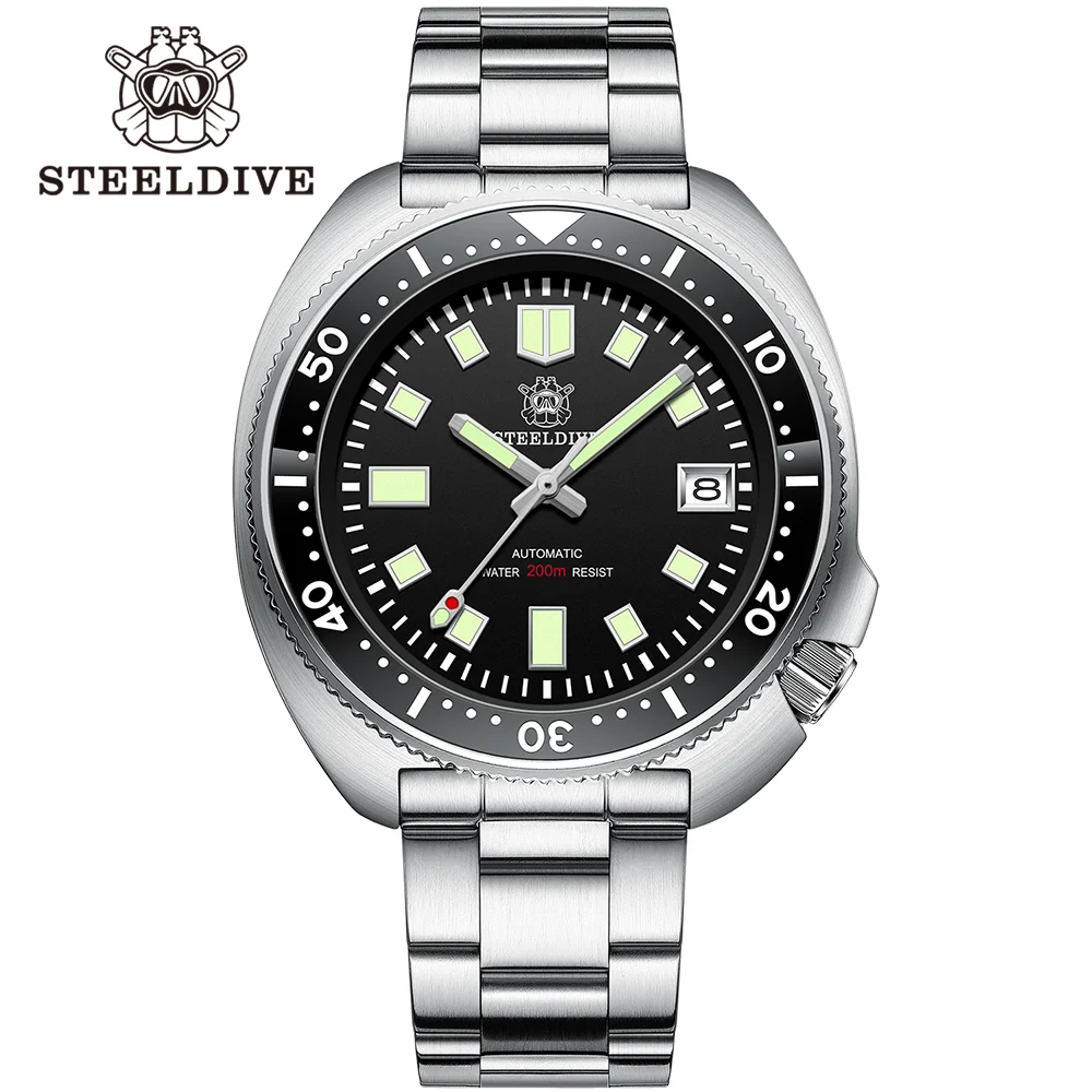 SD1970 Steeldive Brand Sunray Dial Milled Clasp Bracelet 44mm Case 200M Waterproof NH35 Turtle Men Dive Watch with Ceramic Bezel