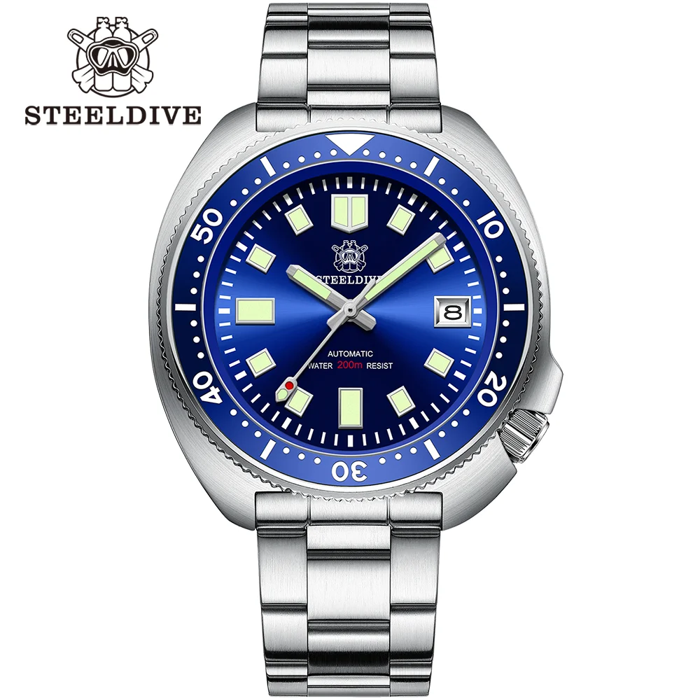 SD1970 Steeldive Brand Sunray Dial Milled Clasp Bracelet 44mm Case 200M Waterproof NH35 Turtle Men Dive Watch with Ceramic Bezel