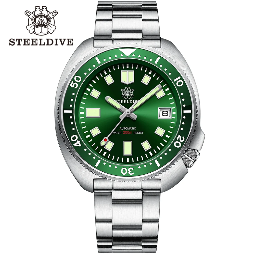 SD1970 Steeldive Brand Sunray Dial Milled Clasp Bracelet 44mm Case 200M Waterproof NH35 Turtle Men Dive Watch with Ceramic Bezel