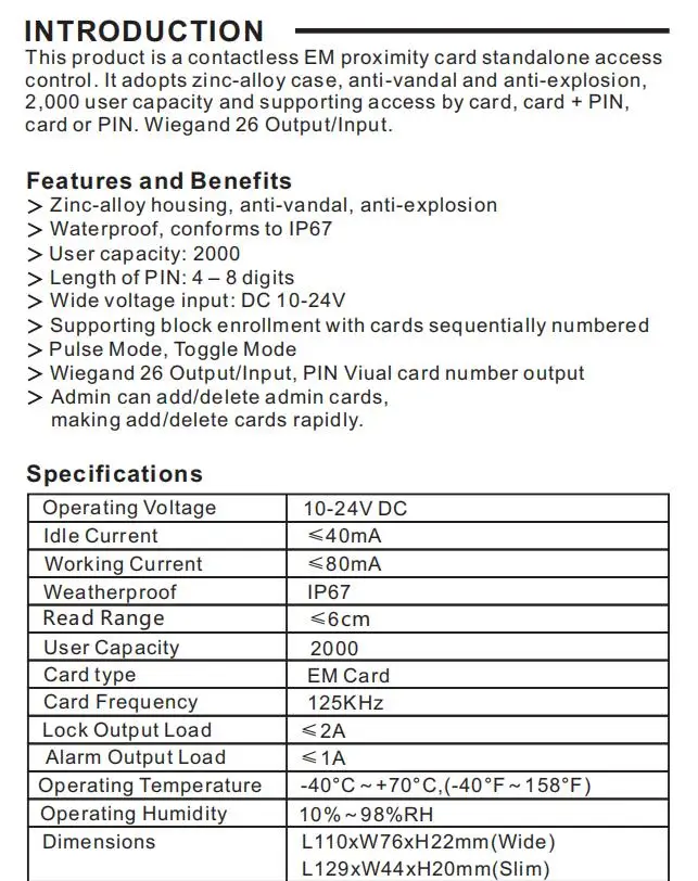 Door Access Control Keypad RFID Reader 2000 User Wiegand Input+Output Electric Lock Outdoor Waterproof Doorbell IP67 Zinc Alloy