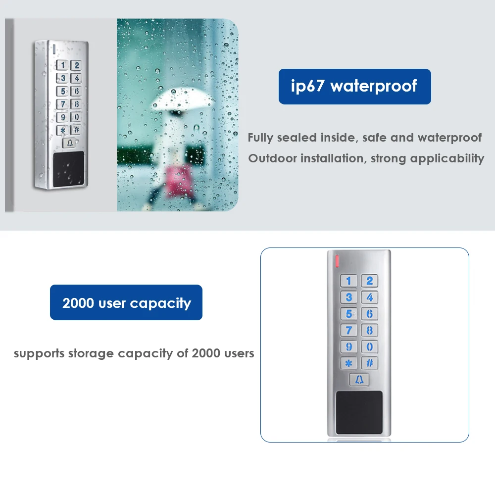 Door Access Control Keypad RFID Reader 2000 User Wiegand Input+Output Electric Lock Outdoor Waterproof Doorbell IP67 Zinc Alloy