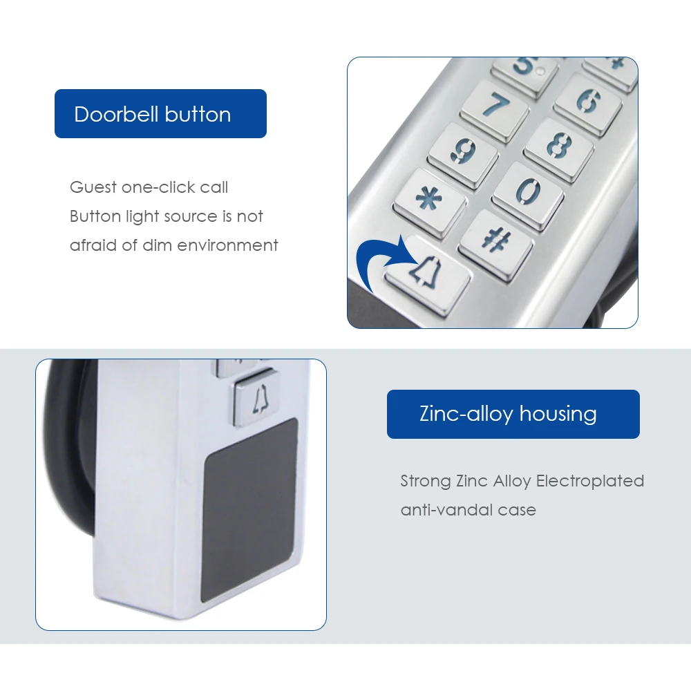 Door Access Control Keypad RFID Reader 2000 User Wiegand Input+Output Electric Lock Outdoor Waterproof Doorbell IP67 Zinc Alloy