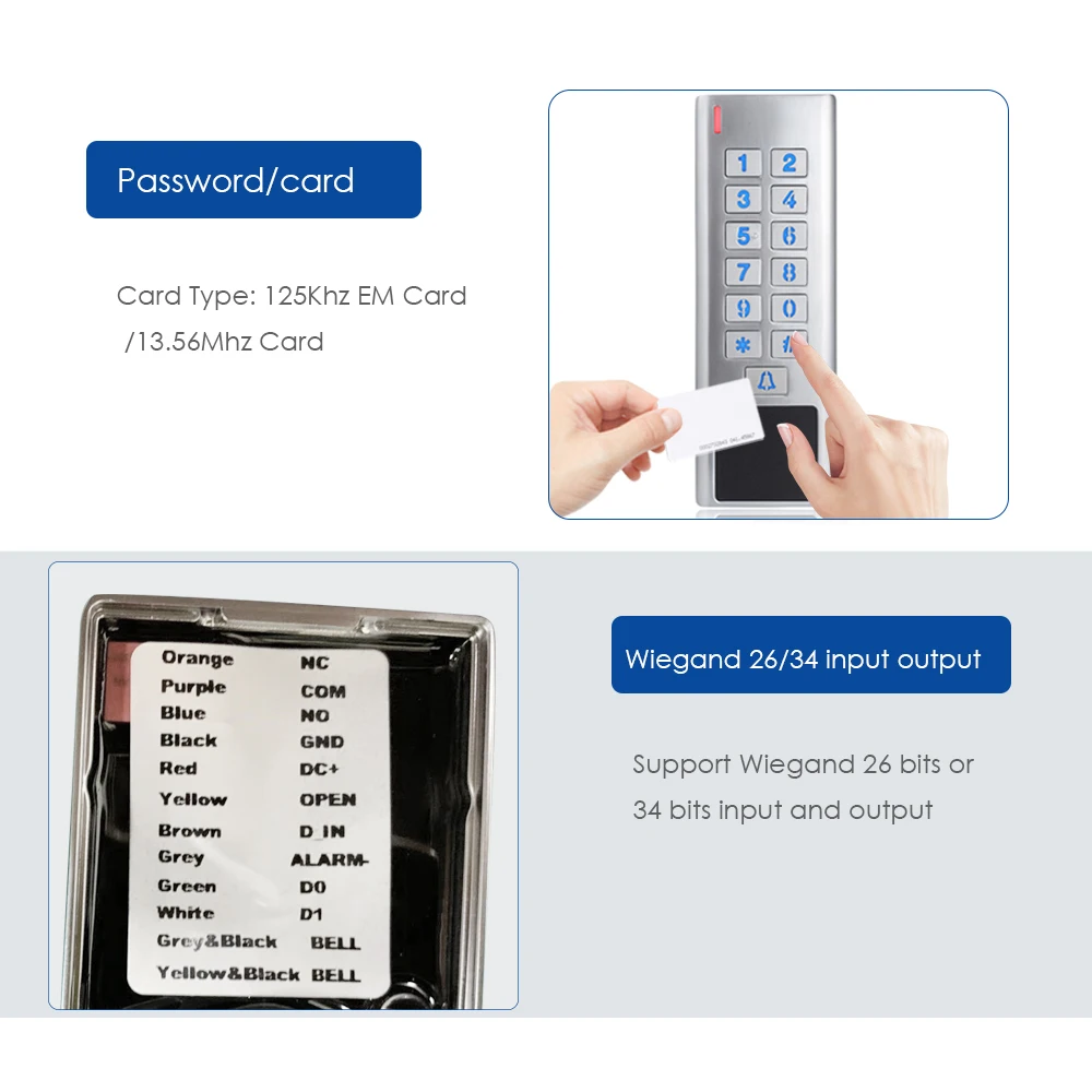 Door Access Control Keypad RFID Reader 2000 User Wiegand Input+Output Electric Lock Outdoor Waterproof Doorbell IP67 Zinc Alloy