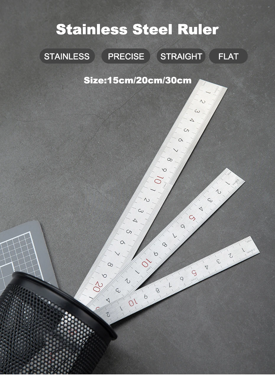 Deli Stainless Steel Metal Ruler 15/20/30cm Straight Line Rulers for School Kids Precision Measuring Drawing Reglas Tool Supplie