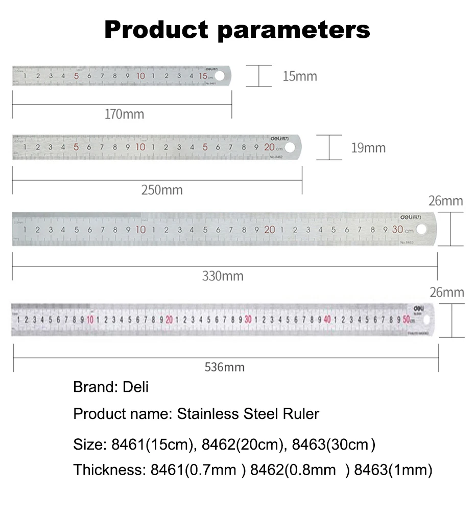 Deli Stainless Steel Metal Ruler 15/20/30cm Straight Line Rulers for School Kids Precision Measuring Drawing Reglas Tool Supplie